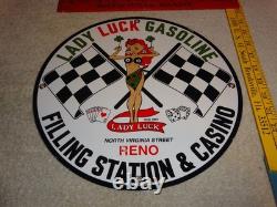 Vintage 1961 Lady Luck Woman Gasoline Station Casino 11 3/4 Porcelain Metal Sign