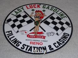 Vintage 1961 Lady Luck Woman Gasoline Station Casino 11 3/4 Porcelain Metal Sign