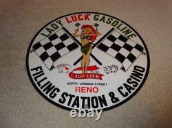 Vintage 1961 Lady Luck Woman Gasoline Station Casino 11 3/4 Porcelain Metal Sign