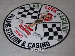 Vintage 1961 Lady Luck Woman Gasoline Station Casino 11 3/4 Porcelain Metal Sign