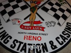 Vintage 1961 Lady Luck Woman Gasoline Station Casino 11 3/4 Porcelain Metal Sign
