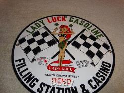 Vintage 1961 Lady Luck Woman Gasoline Station Casino 11 3/4 Porcelain Metal Sign