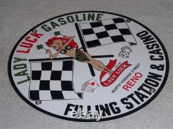 Vintage 1961 Lady Luck Woman Gasoline Station Casino 11 3/4 Porcelain Metal Sign