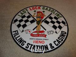 Vintage 1961 Lady Luck Woman Gasoline Station Casino 11 3/4 Porcelain Metal Sign