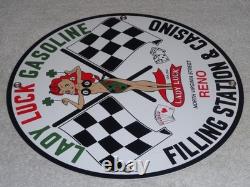 Vintage 1961 Lady Luck Woman Gasoline Station Casino 11 3/4 Porcelain Metal Sign