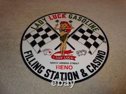 Vintage 1961 Lady Luck Woman Gasoline Station Casino 11 3/4 Porcelain Metal Sign