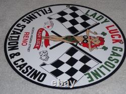 Vintage 1961 Lady Luck Woman Gasoline Station Casino 11 3/4 Porcelain Metal Sign