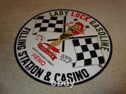 Vintage 1961 Lady Luck Woman Gasoline Station Casino 11 3/4 Porcelain Metal Sign