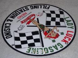 Vintage 1961 Lady Luck Woman Gasoline Station Casino 11 3/4 Porcelain Metal Sign