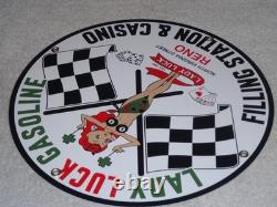 Vintage 1961 Lady Luck Woman Gasoline Station Casino 11 3/4 Porcelain Metal Sign