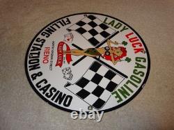 Vintage 1961 Lady Luck Woman Gasoline Station Casino 11 3/4 Porcelain Metal Sign