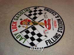 Vintage 1961 Lady Luck Woman Gasoline Station Casino 11 3/4 Porcelain Metal Sign