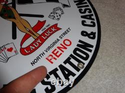 Vintage 1961 Lady Luck Woman Gasoline Station Casino 11 3/4 Porcelain Metal Sign