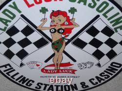 Vintage 1961 Lady Luck Woman Gasoline Station Casino 11 3/4 Porcelain Metal Sign