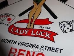 Vintage 1961 Lady Luck Woman Gasoline Station Casino 11 3/4 Porcelain Metal Sign