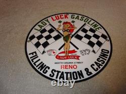 Vintage 1961 Lady Luck Woman Gasoline Station Casino 11 3/4 Porcelain Metal Sign