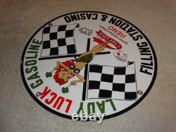Vintage 1961 Lady Luck Woman Gasoline Station Casino 11 3/4 Porcelain Metal Sign