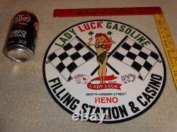 Vintage 1961 Lady Luck Woman Gasoline Station Casino 11 3/4 Porcelain Metal Sign
