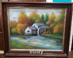 Vintage 1961 Primitive Signed Amateur Oil Painting Maby Water MILL Virginia