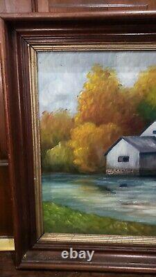 Vintage 1961 Primitive Signed Amateur Oil Painting Maby Water MILL Virginia