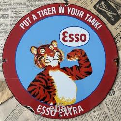 Vintage 1962 Esso Gas Put A Tiger In Your Tank 12 Inch Porcelain Enamel Sign