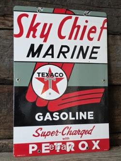 Vintage 1962 Texaco Sky Chief Marine Gasoline Porcelain Gas Station Sign, 18×12