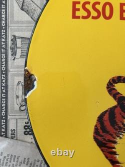 Vintage 1963 Esso Extra Tiger Gasoline Oil Seevice 12 Inch Porcelain Enamel Sign