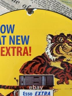 Vintage 1963 Esso Extra Tiger Gasoline Oil Seevice 12 Inch Porcelain Enamel Sign
