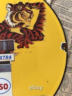 Vintage 1963 Esso Extra Tiger Gasoline Oil Seevice 12 Inch Porcelain Enamel Sign