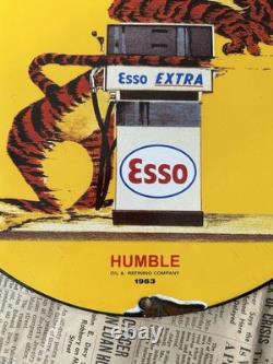 Vintage 1963 Esso Extra Tiger Gasoline Oil Seevice 12 Inch Porcelain Enamel Sign