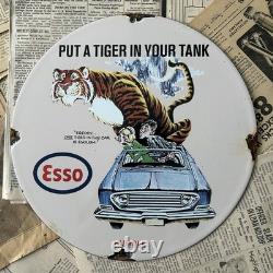 Vintage 1963 Esso Gasoline Oil Gas Station 12 Inch Porcelain Enamel Sign