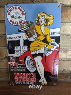 Vintage 1964 Wendy's White Rose Gasoline Porcelain Gas Sign Rte 66 16 X 10
