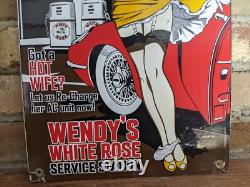 Vintage 1964 Wendy's White Rose Gasoline Porcelain Gas Sign Rte 66 16 X 10