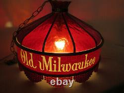 Vintage 1970's Old Milwaukee Beer round hanging pool table lighted bar sign