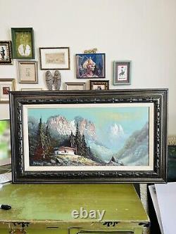 Vintage 1975 Oil On Canvas Large Mountain Scape Painting (Signed)