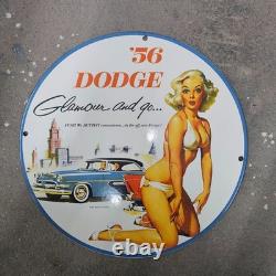 Vintage 56 Dodge Go Old Us Gasoline Oil Gas Pump Enamel Porcelain Sign
