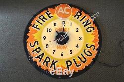 Vintage AC Delco Fire Ring Spark Plugs Lighted Clock Light Sign Dealer OK GM
