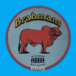 Vintage Abba Brahmans Cow Gas Station Service Man Cave Oil Porcelain Sign