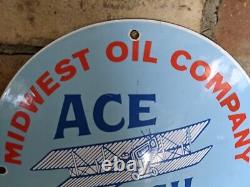Vintage Ace High Asoline Porcelain Gas Pump Sign Midwest Oil Co. 12