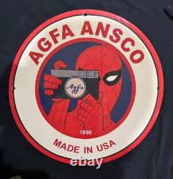 Vintage Agfa Ansco Film Camera Spider Man Porcelain Gas Oil Store Garage Ad Sign