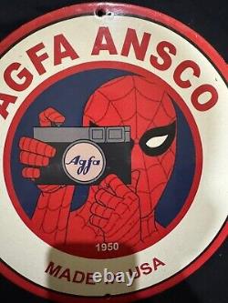 Vintage Agfa Ansco Film Camera Spider Man Porcelain Gas Oil Store Garage Ad Sign
