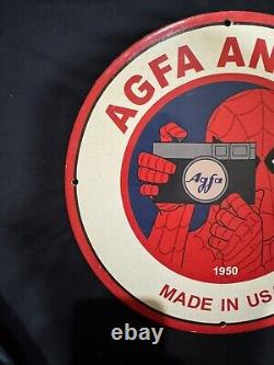 Vintage Agfa Ansco Film Camera Spider Man Porcelain Gas Oil Store Garage Ad Sign