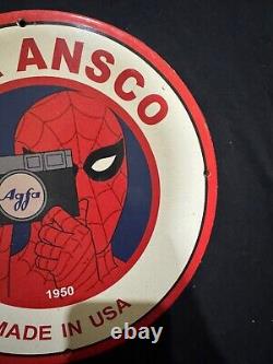 Vintage Agfa Ansco Film Camera Spider Man Porcelain Gas Oil Store Garage Ad Sign