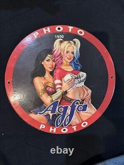 Vintage Agfa Photo Pinup Girl Porcelain Gas Oil Camera Service Mancave Ad Sign