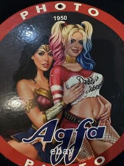 Vintage Agfa Photo Pinup Girl Porcelain Gas Oil Camera Service Mancave Ad Sign