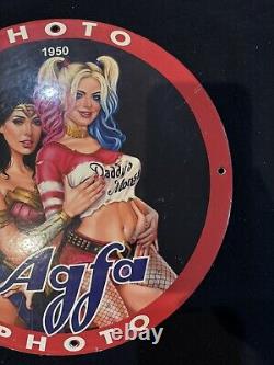 Vintage Agfa Photo Pinup Girl Porcelain Gas Oil Camera Service Mancave Ad Sign