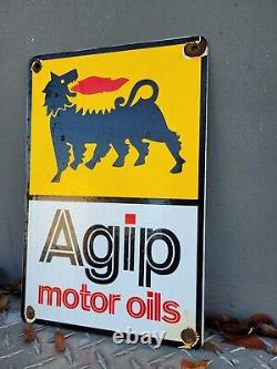 Vintage Agip Motor Oil Porcelain Sign Old Metal Italian Petrol Lube Advertising