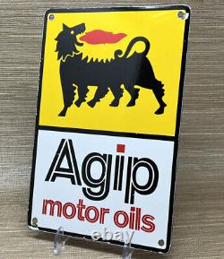 Vintage Agip Motor Oils Porcelain Sign Race Car Pump Plate Pit Stop Oil Petrol