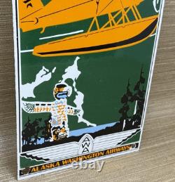 Vintage Alaska Airlines Porcelain Sign Aviation Washington Airplane Airport Gas