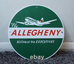 Vintage Allegheny Porcelain Metal Sign Gas Oil Service Pump Rare Airplane Flying